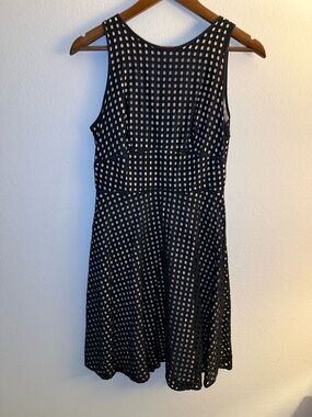 LOFT Black Mini Dress with Cream Dot Lattice